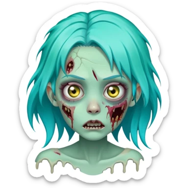 female zombie with bright turquoise hair, rotting skin, sunken eyes, cute but scary sticker