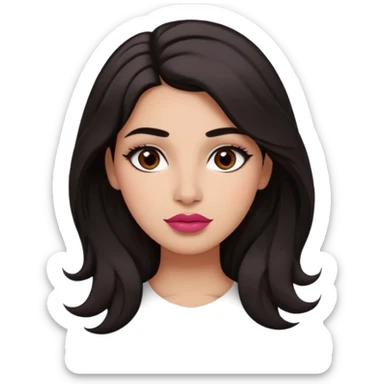 Warm medium olive tone / large dark eyes/ well shaped straight brows thick/  full natural lips pink red / nose straight greek / cheeks blushed / hair dark brown to black wavy long thick layers sticker