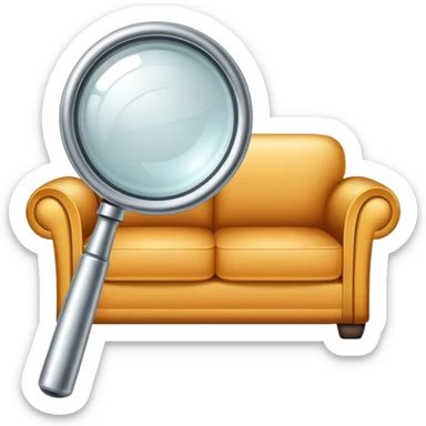 first-person view of a magnifying glass in foreground with a couch visible through the lens, furniture inspection sticker