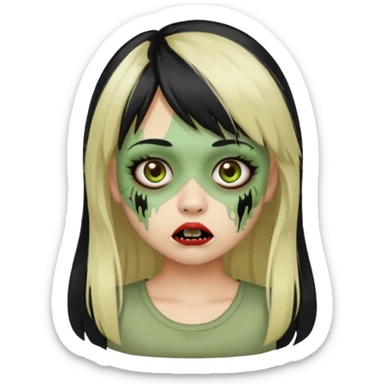 Girl with black hair and raccoon blonde streaks, bangs, light skin, zombie version, pale green skin, emoji style. sticker