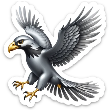 Emoji-style icon of a large metallic predatory bird flying, sharp wings, steel texture, dramatic pose, no gold no yellow sticker