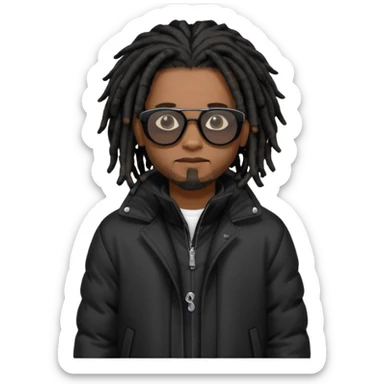 African American man brown skin complexion with black dreadlocks shoulder length wearing black bubble winter coat wearing black sunglasses standing up sticker