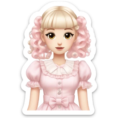 pale girl , who has curly medium length blonde and baby pink swirled hair with bangs , grey eyes , and doll like makeup , in a light pink lolita hime gyaru dress sticker
