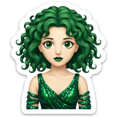 Medusa from Greek Mythology with long dark green wavy hair, green sequin dress sticker