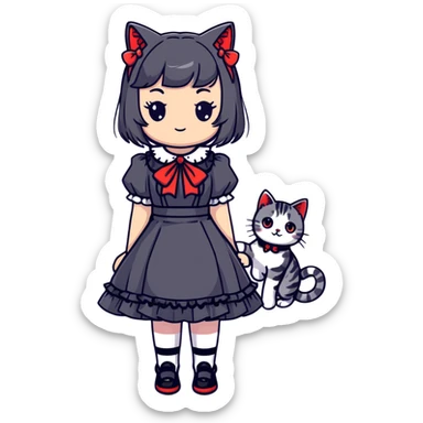 girl wearing black Lolita style dress, with medium-length black hair with red tips, and a gray American Shorthair tabby cat sticker