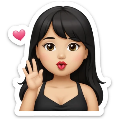 Latina girl light medium skin tone with bangs black long hair in pony tail plus size black dress blowing kiss sticker