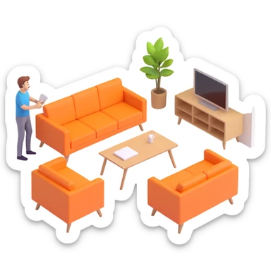 interior designer arranging furniture in a bright, open space sticker