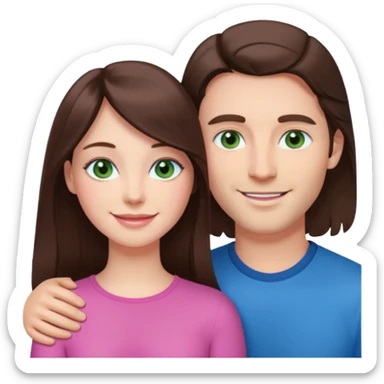 pink polaroid photo of a couple thats white with long brunette hair blue eyes and a white guy with short brunette hair and green eyes sticker