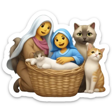 Christmas nativity scene with a star of Bethlehem and 1 mother cat and 5 kittens in a basket with no humans sticker