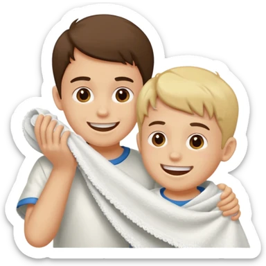 un niño pequeño y un hombre jugando al juego de tirar la soga, en vez de soga una toalla blanca sticker