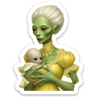  Reptilian alien woman, full body, in victorian jellow elegant dress, holds a newborn white humman baby sticker