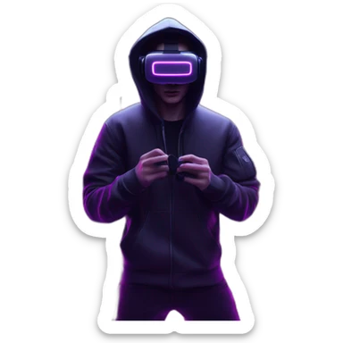 Russian young man wearing a black hoodie with "OMG" letters on it and VR headset in a cyberpunk VR environment with violet neon lighting. sticker
