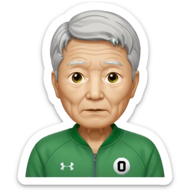 Design Ali Abdul replaced with Oh Il-nam (Player 001), elderly Korean male, wrinkled face, gray hair, green tracksuit with white number 001 visible. sticker