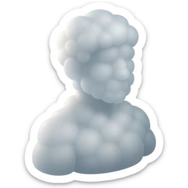 person made entirely of white fluffy convex clouds, shoulder up, front view, matte glass style sticker