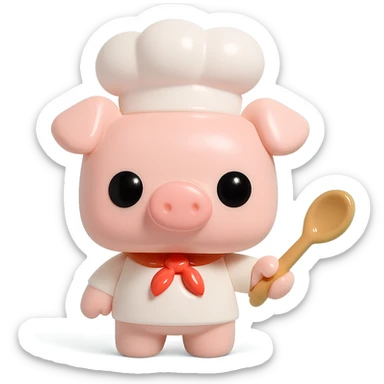 A Funko Pop-style pig chef pointing to the right, wearing a white chef's hat and holding a wooden spoon, cartoonish and cute. sticker