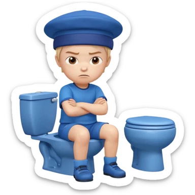 3D cartoon child character in blue outfit and blue hat, sitting on a toilet, looking angry with crossed arms, pastel background, preschool animation style." sticker