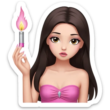 girl with lighter skin, dark brown long straight hair falling in front of her body, pouty shiny lips without cupid's bow, shiny large eyes with long eyelashes, lighter button nose, very long oval-shaped face, wearing a pink bandeau top with straight neckline, looking directly at camera with hands down at sides sticker