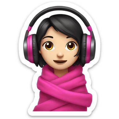 Girl with pale white skin, brown eyes, and black hair wearing hot pink gaming headphones, blanket wrapped around her sticker