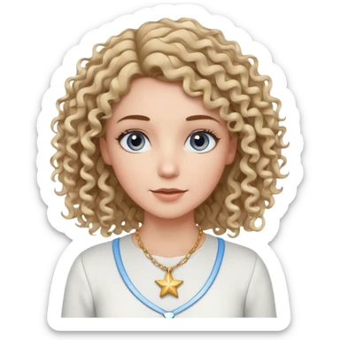 Very white woman, with blue/grey eyes, straight brown hair that is a little bit blonde and the tips are curly, cute white outfit, star neckless sticker