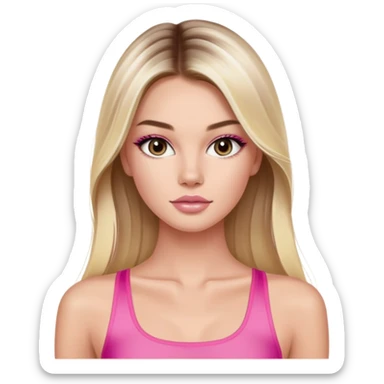 Victoria’s Secret model with long light blonde straight balayage hair, dark brown almond and small eyes, oval face, small lips, skinny long waist, firm legs, pink crop top sticker