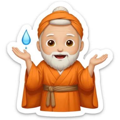 Chibi Aacharya emoji, white beard and bun, orange robe, laughing with tears of joy, cute sticker style, transparent background, PNG sticker