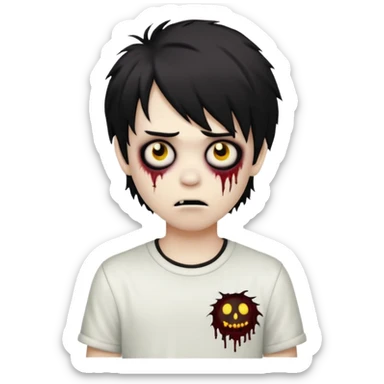 boy zombie with black, medium-long, emo, shaggy hair, dark and spooky, creepy expression, wearing a white shirt, emoji style sticker