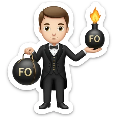 A butler holding an old-fashion bomb with the letters “FO” on the side sticker