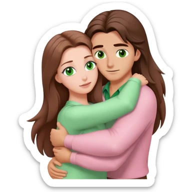 white woman with very long brown hair and green eyes in a light pink outfit hugging Gaston sticker