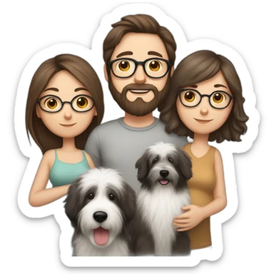 Pregnant girl with half long brown hair with glasses, a boy with long beard, glasses and short hair and english sheepdog sticker