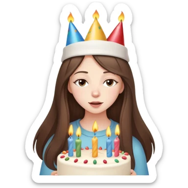  beautiful pale brunette girl with long hair with birthday cap blow out the candles on her birthday cake eyes closed sticker