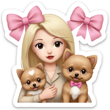 blonde girl old money beige outfit brown eyes with his boy husband white skin black hair and brown eyes with two pomeranian baby 1 white and another red brown with pink bow for the dogs sticker