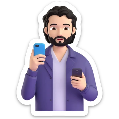Business professional with black wavy hair, stubble, chiseled face, in casual attire with open collar shirt, relaxed pose with smartphone, warm approachable expression, modern and relatable for social media profile sticker