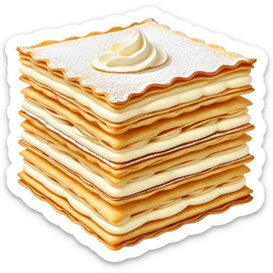 Cinematic delicate mille-feuille, thin crispy pastry layers filled with smooth vanilla cream, dusted with powdered sugar, elegant presentation, highly detailed and sophisticated. sticker