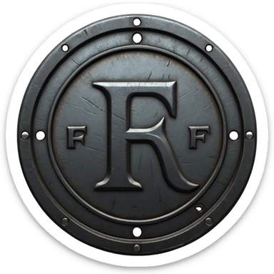 Minimal emoji, gothic metal coin made of black steel, engraved number f at the center, ancient industrial aesthetic, worn metal texture, no glow, no neon, flat emoji design, centered, transparent background sticker