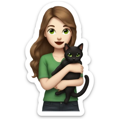 A girl with white skin, green eyes, red lipstick, mid long brown hair, holding a black cat in her arms  sticker