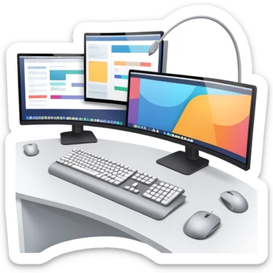 Create an emoji for UX/UI design. Show two large curved monitors displaying UX/UI design interfaces. Include a mouse, keyboard, and stylus next to the screens. Use modern, professional colors. Do not include any emojis or smiley faces. Make the background transparent. sticker