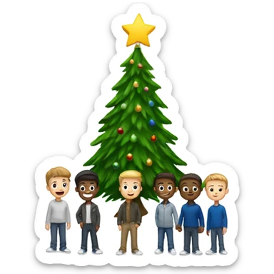 Six a white boys gathering round a Christmas tree and menorah   sticker