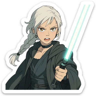  a closeup portrait of young woman with gold yellow eyes, white hair, long braid, black off-shoulder top, punk gothic style, futuristic cyberwave cyberpunk,  jedi attire and posture robes of a padawan, foreweilding a bright blue-green lightsaber, angry fierce face expression, power stance, 30-90 sticker