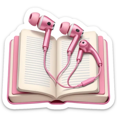  pink Pink Apple-style earbuds lying on an open book, soft pastel tones, cozy and minimal aesthetic, realistic lighting and shadows, top-down view, transparent background" sticker