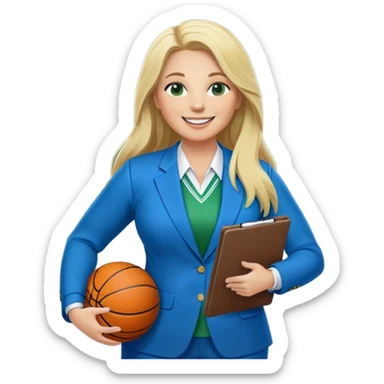 Full Body white plus size female basketball head coach using a clipboard with long blonde hair in a blue and green suit smiling with basketball and clipboard sticker
