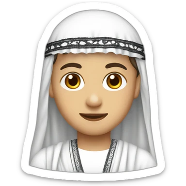 Boy wearing Arabic white dress for male and wearing Embroidered keffiyeh on his head  sticker