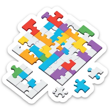 A photorealistic icon with a colorful, fragmented puzzle piece, a crossword magazine, a 3D puzzle, and a partially completed puzzle on a table. Bright, detailed design with realistic lighting. Transparent background, clearly symbolizing puzzles and brain games. sticker
