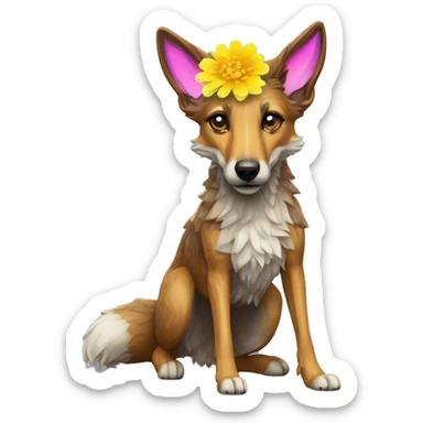  brindle fluffy lurcher Alsatian fox running blue eyes fluffy ears and iridescent holographic oilslick harness wearing paper flower crown yellow caution tape neon sign sticker