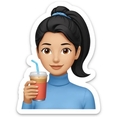  tan skin woman with long face, and very short black hair slicked back ponytail with forehead showing, wearing solid light blue turtleneck shirt, drinking iced coffee, smiling with middle parted hair sticker
