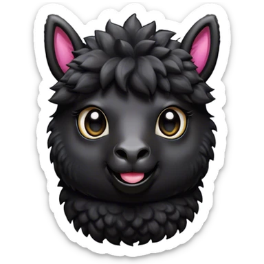 Cinematic Comical Black Alpaca Portrait Emoji, Head tilted dramatically with an exaggeratedly amused expression, featuring a striking jet-black fleece with playful texture, wide, expressive dark eyes filled with playful disbelief, Simplified yet hilariously expressive features, highly detailed, glowing with a slightly sassy glow, high shine, dramatic yet playful, stylized with an air of cheeky mischief, bright and endearing, soft glowing outline, capturing the essence of a spirited and over-the-top alpaca, so meme-worthy it feels like it could side-eye its way into internet fame instantly! sticker