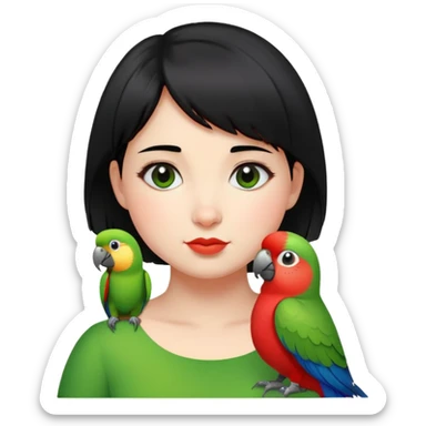 A chubby cheeks girl with short black hair with a green red lip parrot on her shoulder  sticker