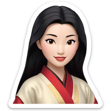 Cinematic Realistic Radiant Mulan Portrait, presenting Mulan with a warm, confident smile and lifelike light-toned skin that appears almost luminous under natural daylight. Her sleek black hair is rendered in meticulous detail, and her traditional robe—accented with understated red highlights—is depicted with realistic fabric textures and folds. The overall image exudes a gentle, inviting glow, high shine, and refined detail that captures her poised elegance and inner resilience in a painterly, authentic style. sticker