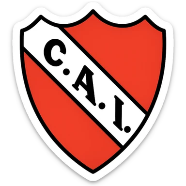 heraldic coat of arms style shield with three-pointed top and rounded base, white outline, intense red background, white diagonal band from upper left to lower right, black text 'C.A.I.' with black dots between letters, bold simple legible capitals, classic clean highly visible design inspired by South American soccer club shields sticker