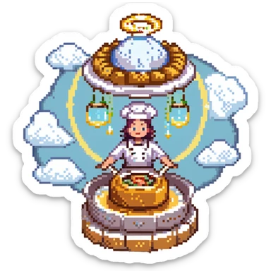 A divine baker surrounded by floating utensils, radiant ingredients, and a halo of light. The oven levitates, powered by pure energy. UI resembles clouds, golden rays, and ethereal scrolls—like a heavenly recipe interface. sticker