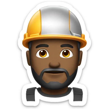 muscular half cyborg face half human with short straight, dark hair, hardhat, and a neatly trimmed beard sticker